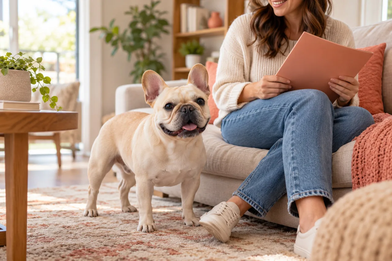 Owner sitting on a sofa beside a small cream-colored dog